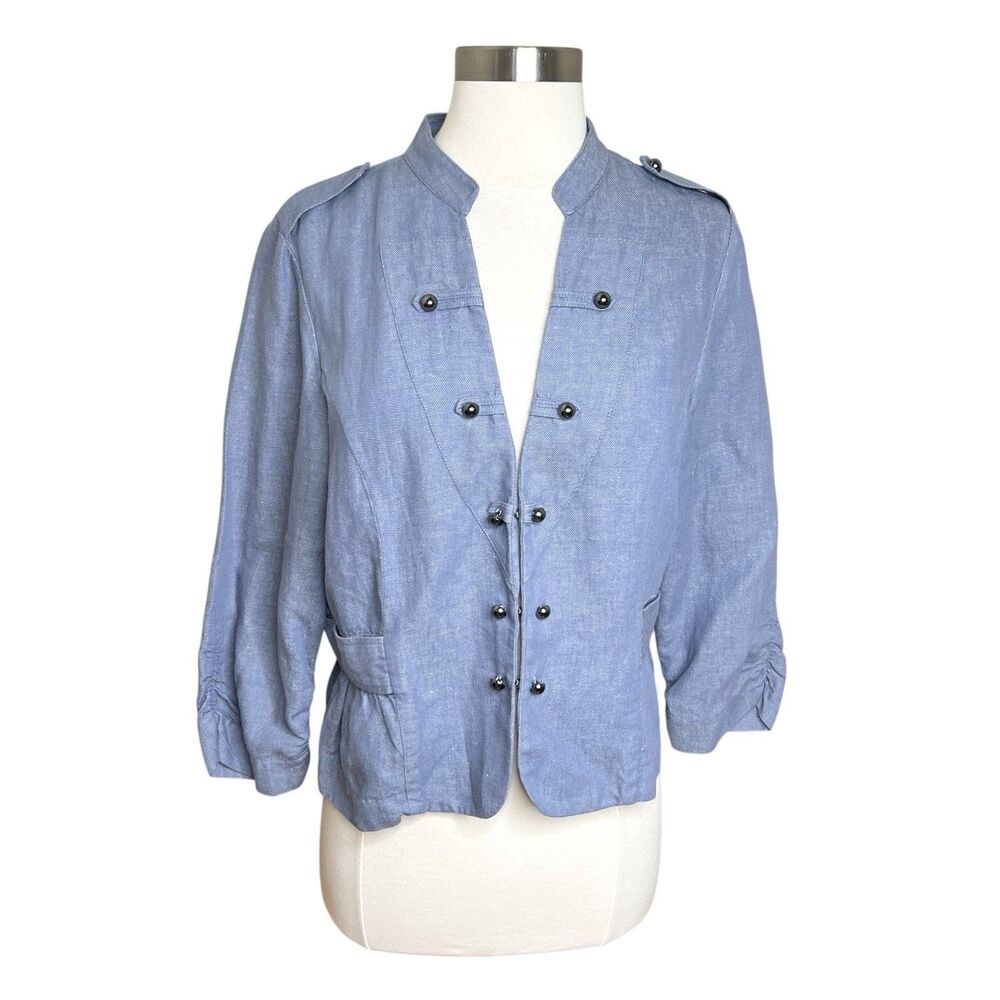Chicos Blue Linen Blend Military Jacket Womens 1 M Chambray Cropped Utility